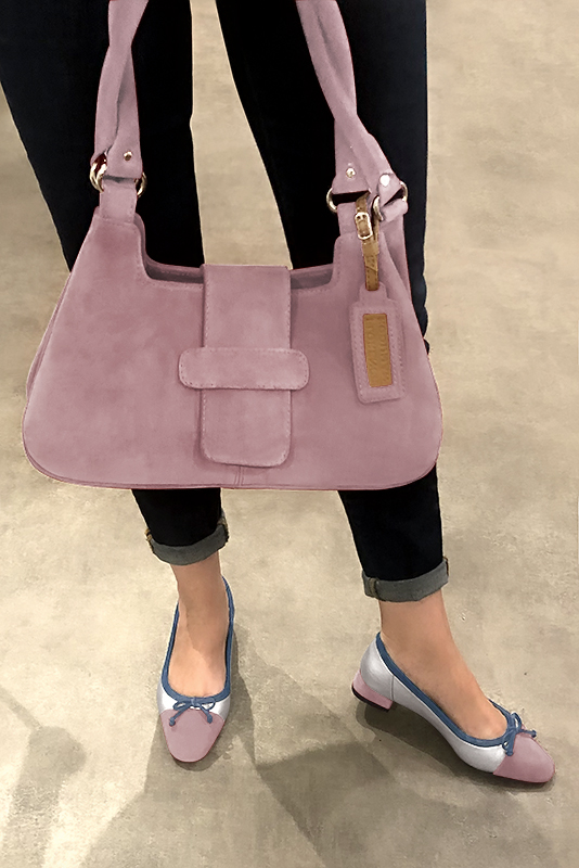 Dusty rose pink, light silver and denim blue women's ballet pumps, with low heels. Square toe. Flat flare heels. Worn view - Florence KOOIJMAN